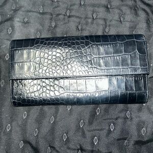Furla Croc-Embossed Long Wallet in Black Genuine Leather — Made in Italy.